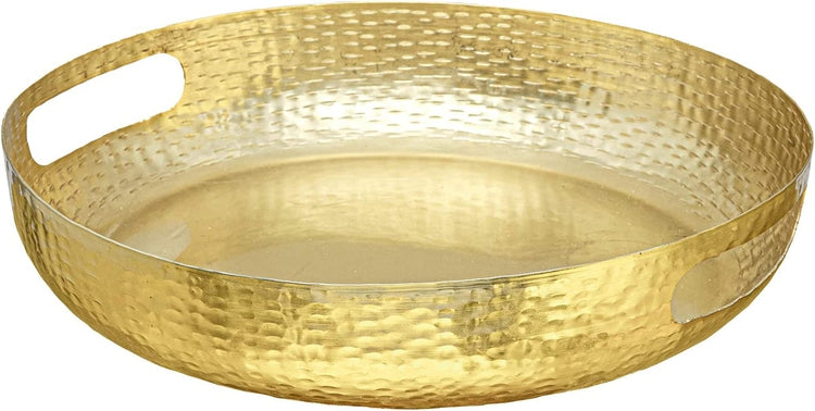 Brass Tone Hammered Pattern Metal Round Decorative Serving Display Tray with Cutout Handles-MyGift