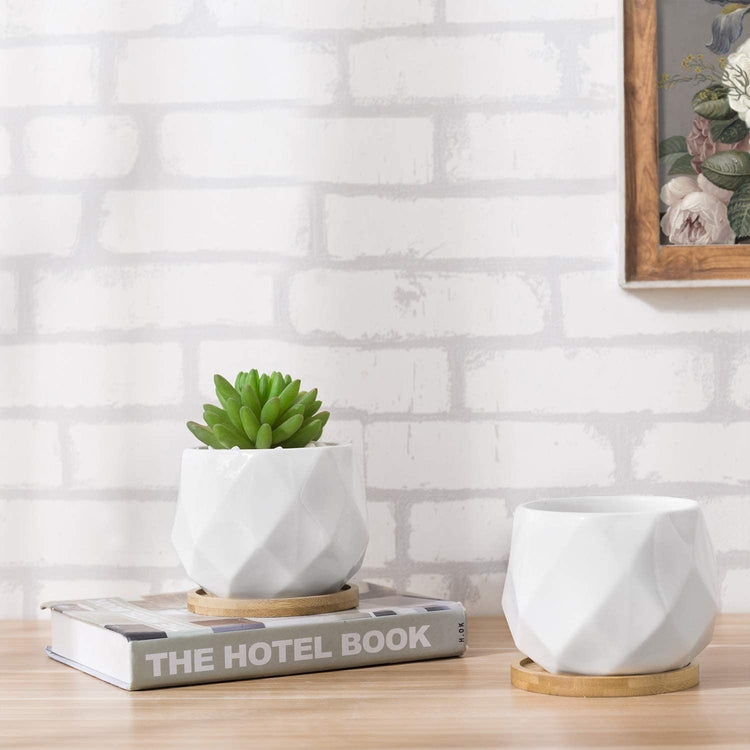 Set of 2 White Geometric 4-Inch Ceramic Plant Pots with Bamboo Tray-MyGift