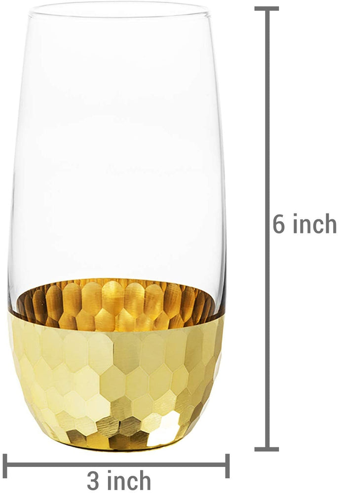Set of 4 Modern Stemless Wine Flute Glasses w/ Hammered Brass Plated Design-MyGift
