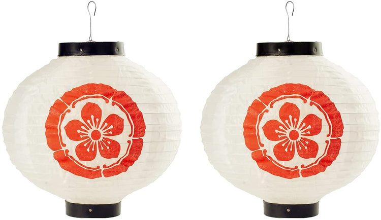 Set of 2, Traditional Japanese Style White Decorative Paper Hanging Lanterns with Red Sakura Cherry Blossom Print-MyGift