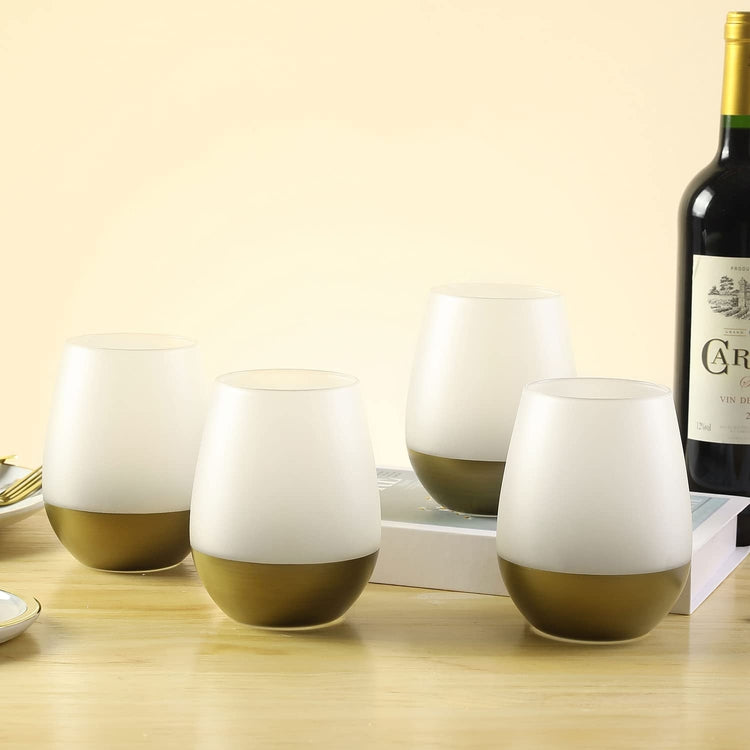 Stemless Wine Glasses with Frosted Glass and Brass Bottom Accent, Set –  MyGift