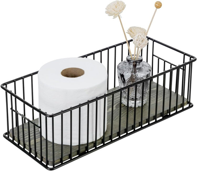 Black Metal Toilet Paper Holder Basket with Gray Solid Wood Base, Bathroom Sink Counter Toiletries Storage-MyGift