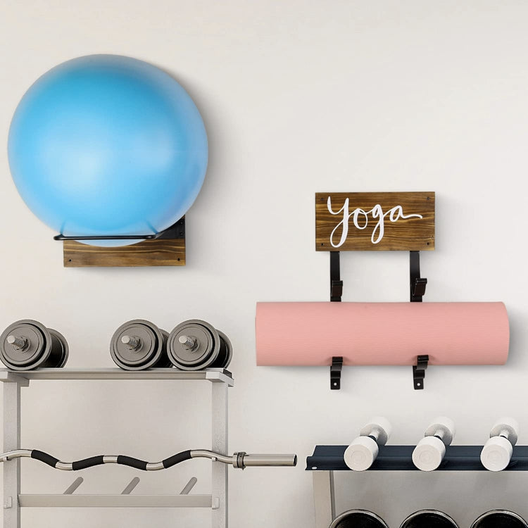 Yoga Mat and Stability Ball Holder, Burnt Wood and Black Metal Wall Mounted Exercise Yoga Equipment Organizer-MyGift