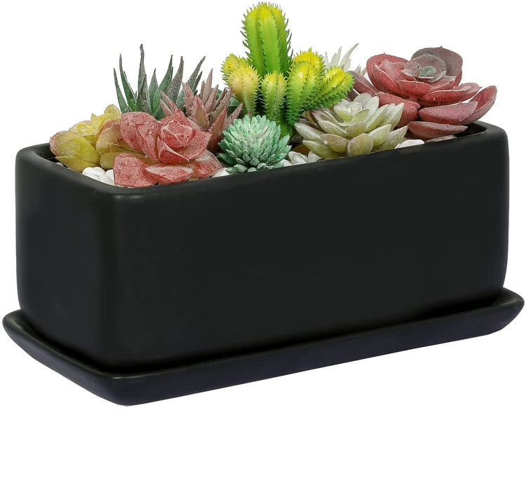 10 Inch Matte Black Ceramic Succulent Planter, Decorative Window Box Rectangular Indoor Pot with Removable Drip Tray-MyGift