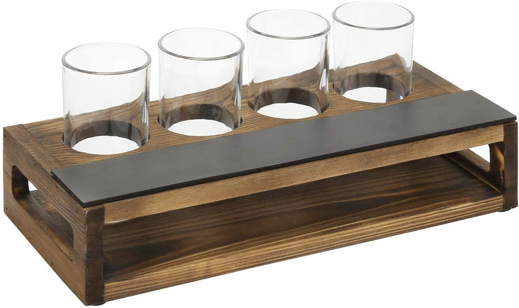 Dark Brown Burnt Wood Beer Flight Sampler Tray with 4 Beer Glasses and Erasable Chalkboard Label-MyGift