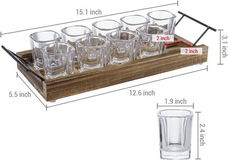 10 Shot Glass Serving Set with Rustic Burnt Wood and Black Metal Handles Party Shots Server Tray-MyGift