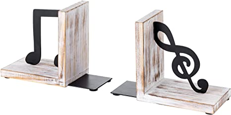 Shabby Whitewashed Wood Decorative Bookends with Black Metal Musical Notes Design, 1 Pair-MyGift