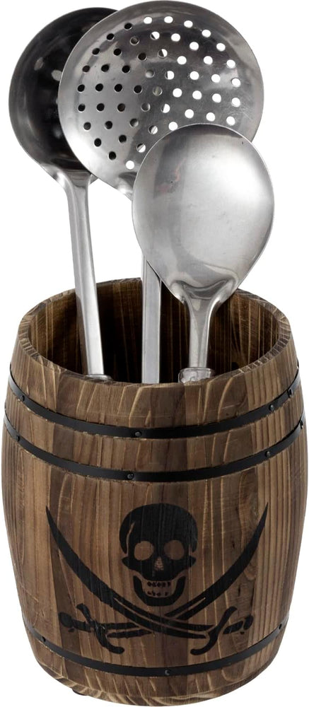 Burnt Wood Pirates Rum Cask Utensil Crock, French Wine Barrel Cooking Tool Holder with Skull and Cutlass Sword Design-MyGift