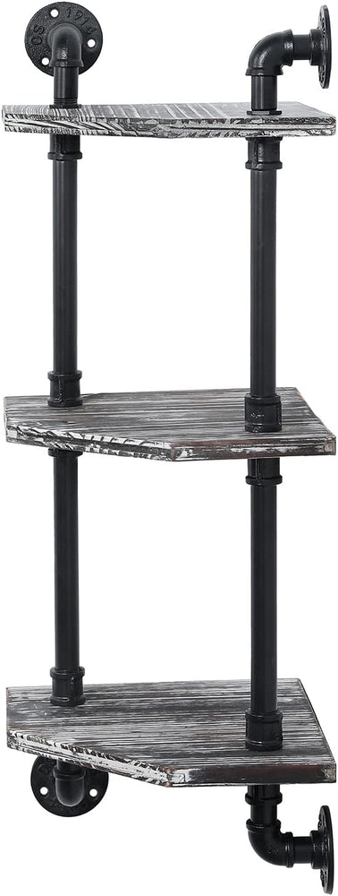 Wall Mounted Corner Shelving Unit, Tiered Torched Wood Display Shelves with Industrial Metal Pipe Frame-MyGift
