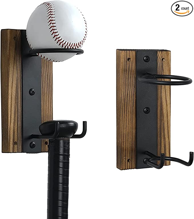 Wall Mounted Burnt Wood & Black Metal Baseball Display Rack with Bat Holder, Set of 2-MyGift