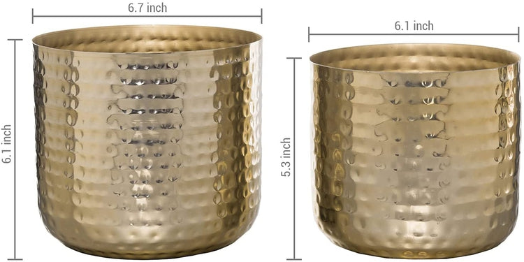 Set of 2, Hammered Brass Plated Metal Cylindrical Succulent Planter Pots-MyGift