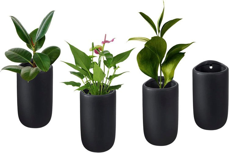 outdoor black plant pots Wall Mounted Black Ceramic Plant Containers, Vertical Hanging Flower Vases, Set of 4