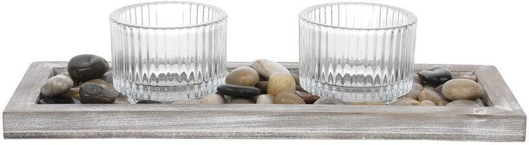 Candlescape Candle Holder Set with Whitewashed Wood Tray, Ribbed Glass Tealight or Votive Holders, and Stone Fillers-MyGift