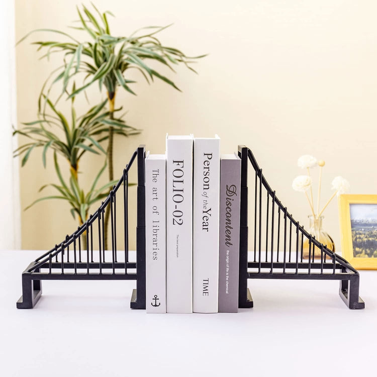 Set of 2, Decorative Bookends, Black Metal Suspension Bridge Design Bookends, Architect Book Stopper Holder Stand-MyGift