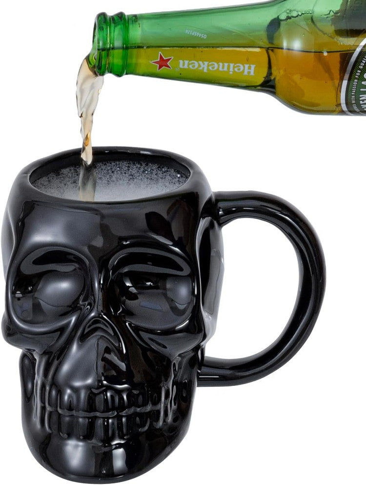 Set of 2, Gothic Novelty Drinkware, Goth Skull Shaped Black Glazed Ceramic Mugs, Halloween Skeleton Head Cups-MyGift