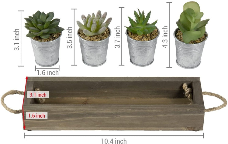 Assorted Mini Artificial Succulent Plants in Galvanized Metal Planter Pots with Gray Wood Tray-MyGift