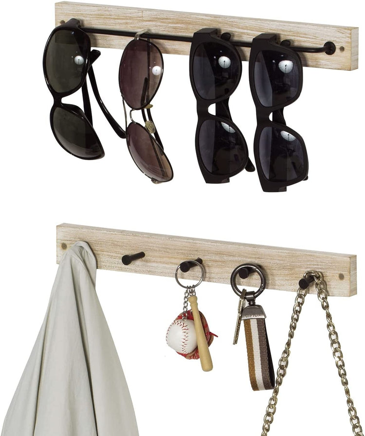 Whitewashed Wood Wall Mounted Sunglasses Hanger Storage and Coat Hanging Rack, Rail and Hooks Combo Set-MyGift