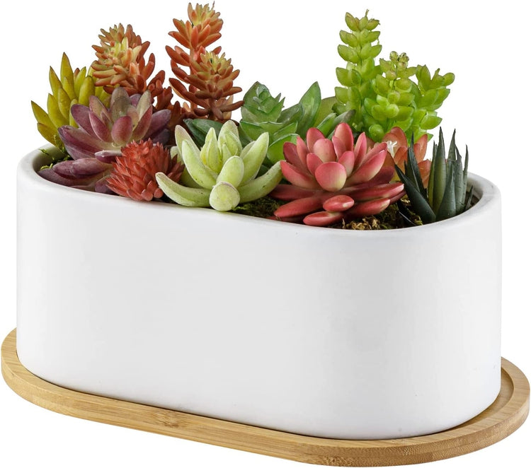 Round Oval Minimalist White Ceramic Succulent Planter Pot, Window Box Container with Bamboo Saucer and Drainage Hole-MyGift