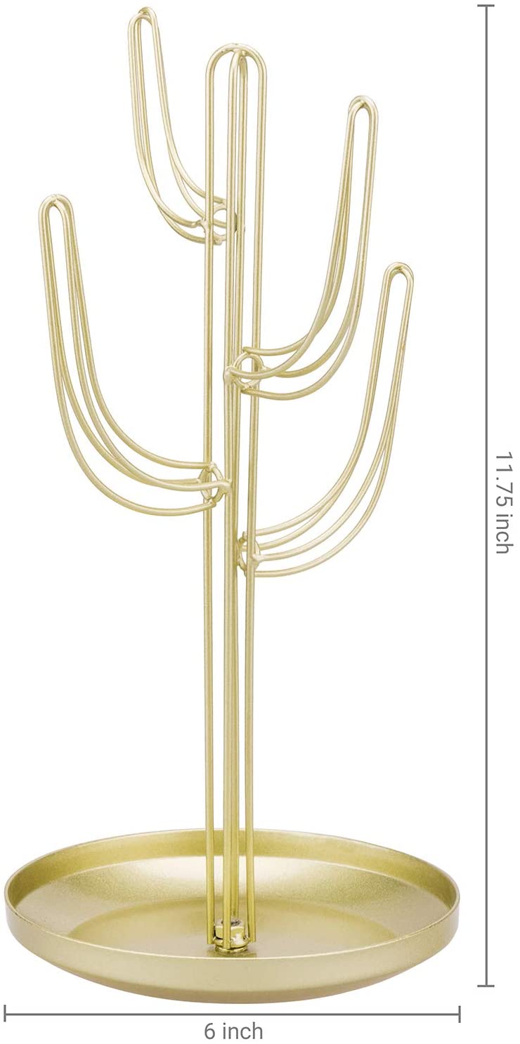 Gold Metal Jewelry Tower Rack with Ring Tray, Cactus-Shaped Jewelry Storage Holder Stand-MyGift