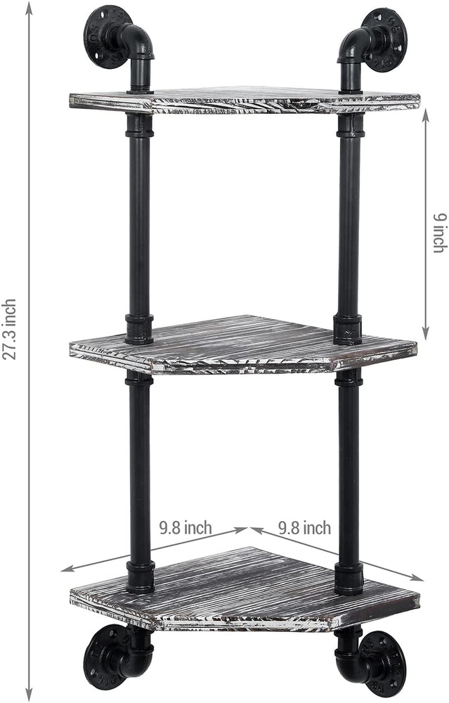 Wall Mounted Corner Shelving Unit, Tiered Torched Wood Display Shelves with Industrial Metal Pipe Frame-MyGift
