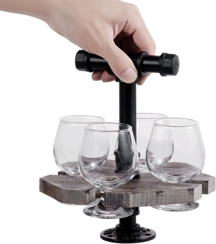 Torched Wood Beer Flight Set, Whiskey Serving Tray with Black Metal Pipe Handle and 4 Small Snifter Tasting Glasses-MyGift