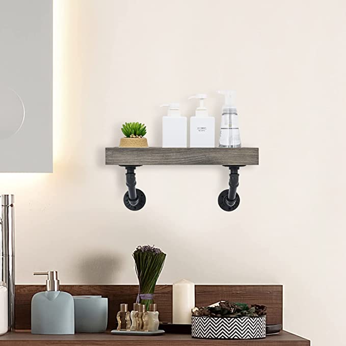 Wall Mounted Floating Shelves with Industrial Metal Pipe Brackets, Wood Hanging Shelf-MyGift