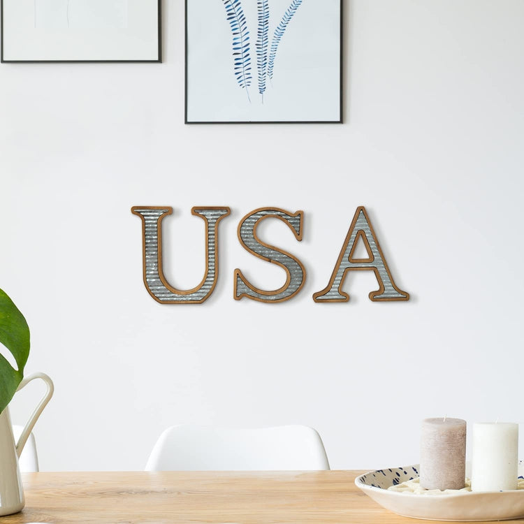 Burnt Wood Cutout USA Letter Wall Sign, Hanging Patriotic Decor Sign with Corrugated Galvanized Metal Design-MyGift