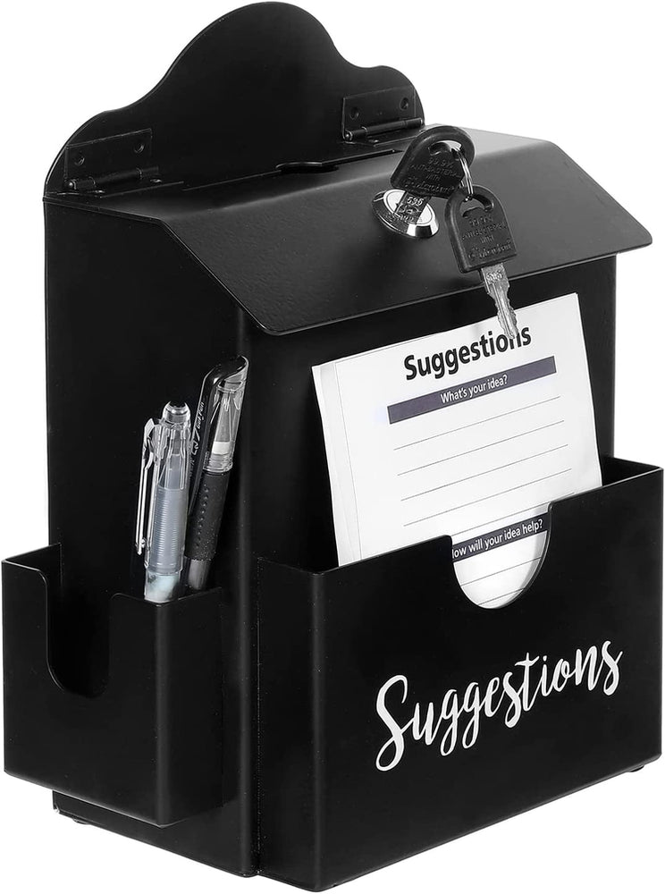 Metal Suggestion Box, Matte Black Wall Mounted or Tabletop Comment Box with Lock, Keys, Paper Sheet and Pen Holder Slots-MyGift