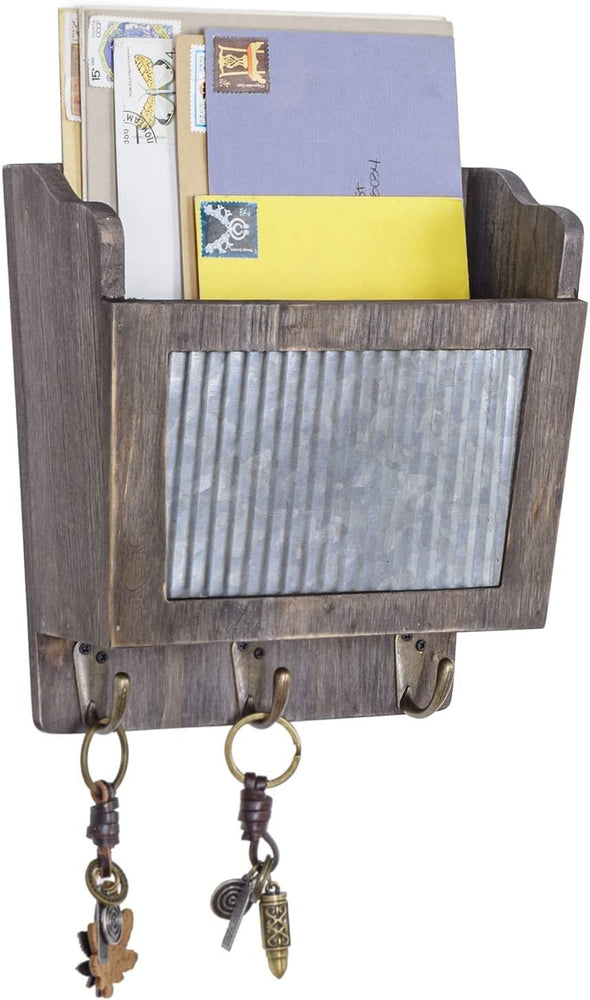 Wall Mounted Weathered Gray Wood and Corrugated Galvanized Metal Mail Basket with Key Hooks-MyGift