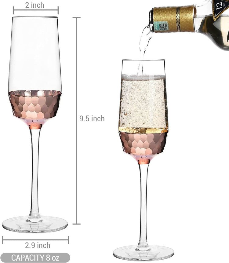 Champagne Flutes, Set of 4 Champagne Glasses Stemmed Toasting Drinkware with Decorative Brass Metal Hammered Style Base-MyGift