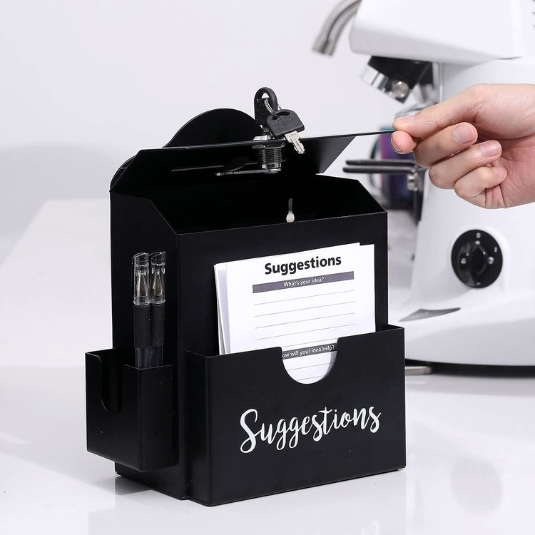 Metal Suggestion Box, Matte Black Wall Mounted or Tabletop Comment Box with Lock, Keys, Paper Sheet and Pen Holder Slots-MyGift