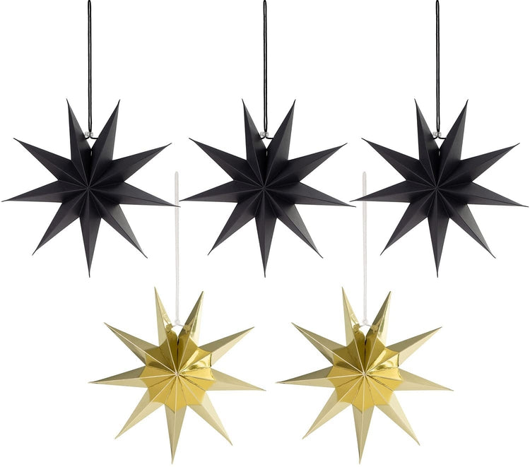 Set of 5, Hanging Glam Star Decoration Matte Black and Metallic Gold Party Holiday Décor-MyGift
