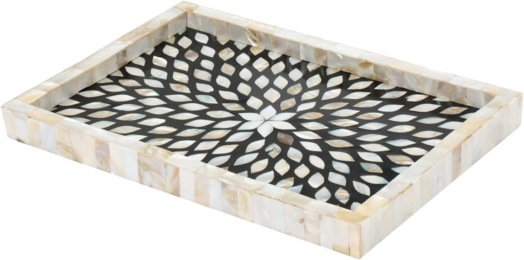 Handmade Natural Seashell Mosaic Tiled Floral Sunburst Pattern Decorative Serving Tray-MyGift