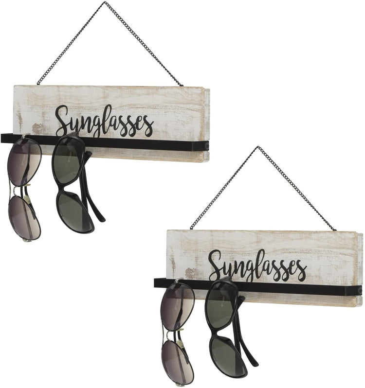 Set of 2, Whitewashed Wood Wall Mounted Sunglasses Holder Eyewear Hanging Display Rack with Cursive Sunglasses Lettering-MyGift