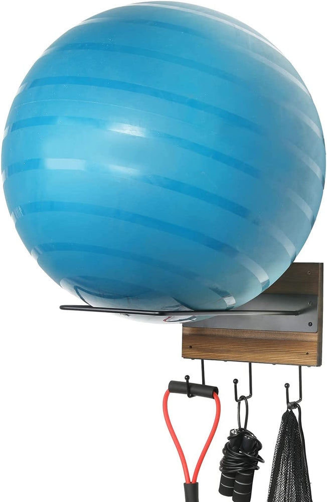 Wood and Black Metal Wall Mounted Exercise Ball Organizer with 3 Botto