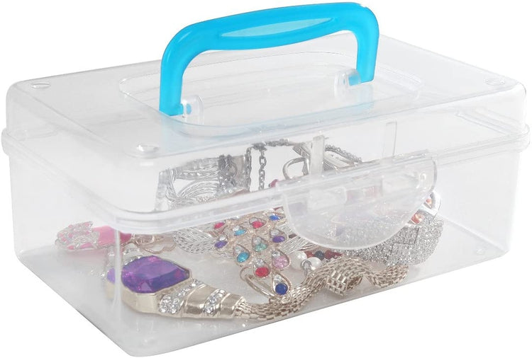 Multi Purpose Clear Plastic Travel Storage Box, Blue Handle Portable Transparent Container Bin-MyGift