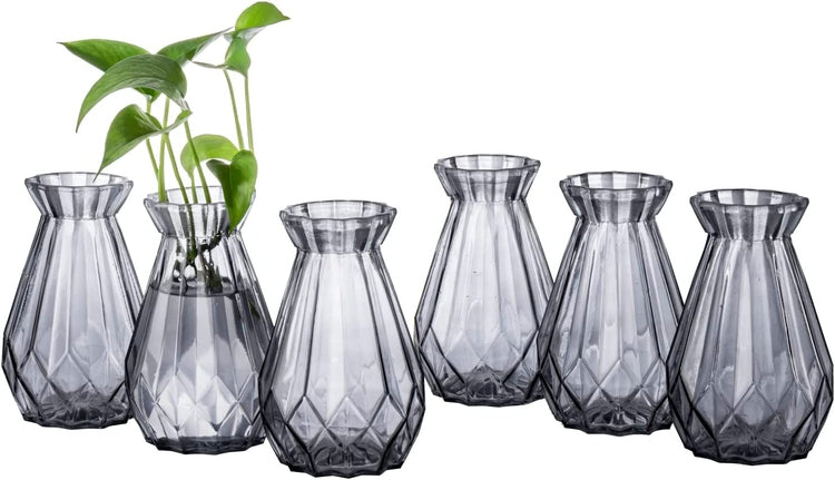 Set of 6, 6 Inch Clear Gray Glass Diamond-Faceted Decorative Flower Vases Centerpiece Bud Floral Arrangements-MyGift