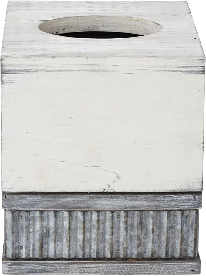 Vintage White and Galvanized Corrugated Metal Facial Tissue Box Cover with Slide-Out Bottom Panel-MyGift