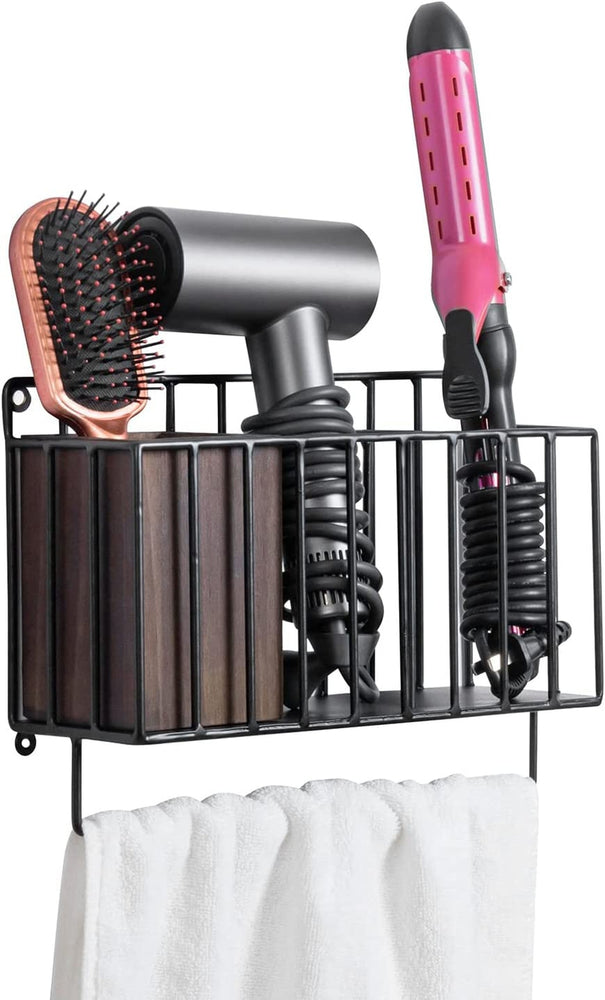 Wall Mounted Hair Styling Tools Holster Rack, Industrial Matte Black Metal Wire Hair Dryer Holder, Hand Towel Bar-MyGift