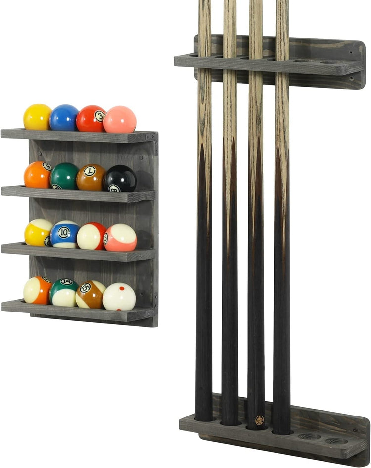 Wall Mounted Weathered Gray Wood Pool Cue Rack, Billiards Accessories Holder and Ball Storage Shelf Set-MyGift