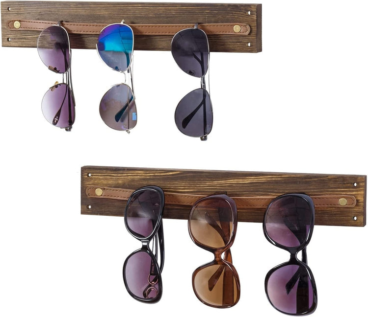 Set of 2, Wood and Leatherette Wall Mounted Sunglasses Holder, Eyewear Display Rack-MyGift