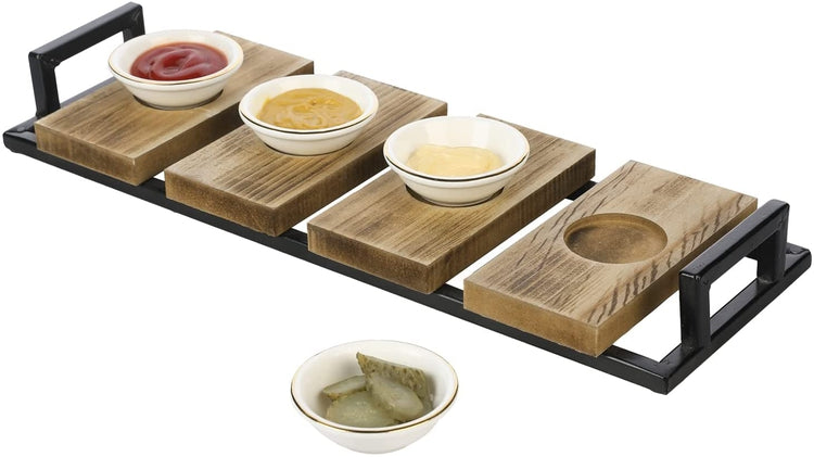 Burnt Wood, Black Metal Kitchen Sauce Tray with Handles White Ceramic Gold Rimmed Bowls for Dips, Sauces or Appetizers-MyGift