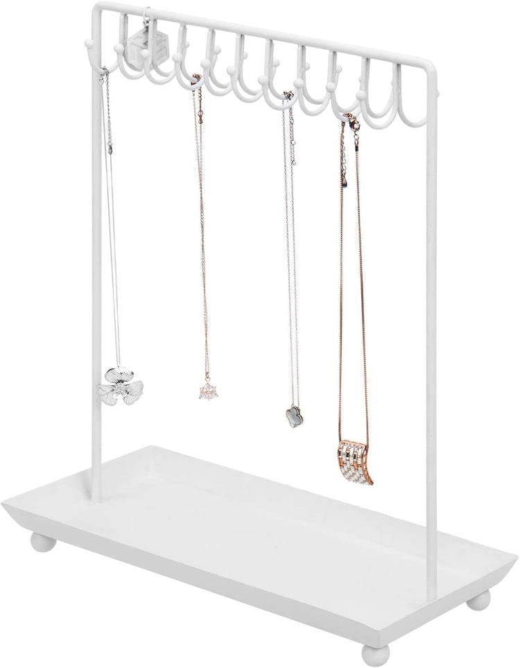 14 Inch 20-Hook White Metal Necklace Display Organizer with Ring Tray, Jewelry Storage Rack-MyGift