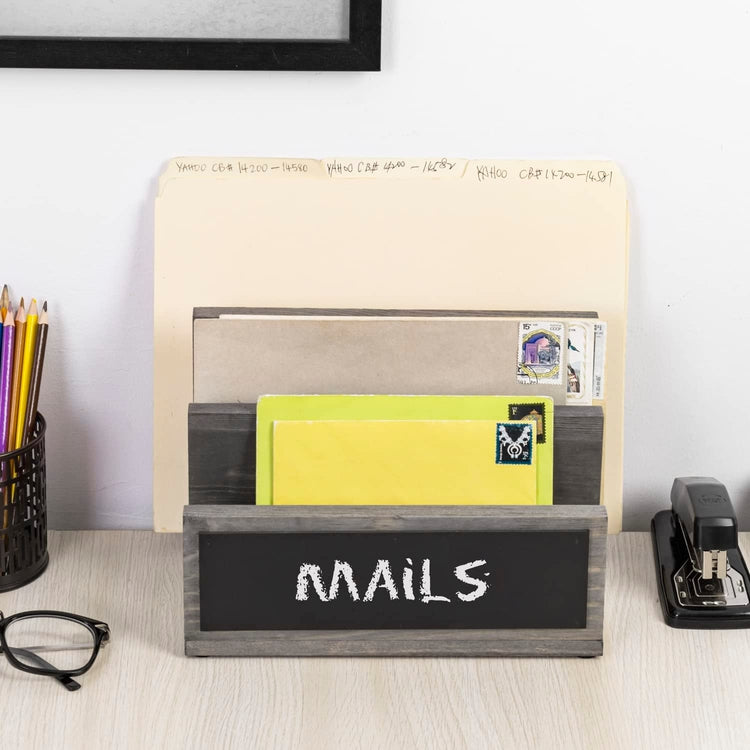 3 Slot Mail Sorter, Gray Wood Letter Organizer, Document Desk Filing Folder Storage Holder with Chalkboard Label-MyGift