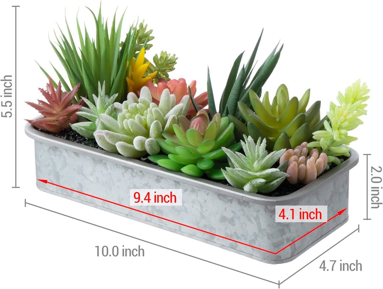 Artificial Assorted Succulents in Rectangular Galvanized Metal Window Box Style Planter, Tabletop Faux Plant Centerpiece-MyGift