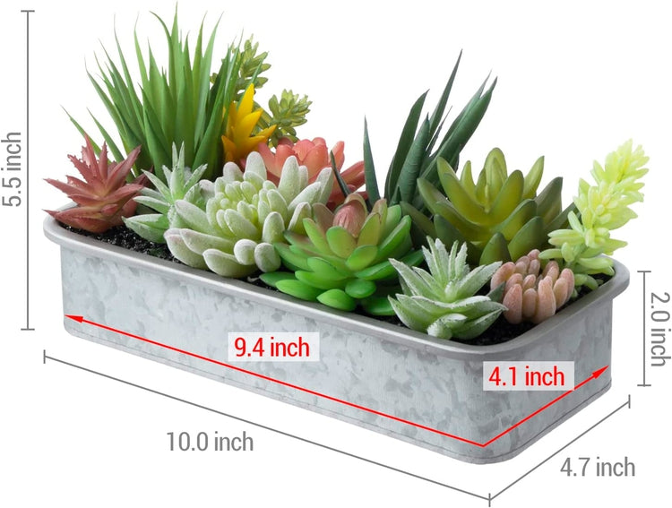 Artificial Assorted Succulents in Rectangular Galvanized Metal Window Box Style Planter, Tabletop Faux Plant Centerpiece-MyGift