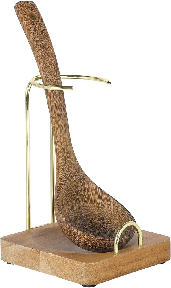 Upright Spoon Rest, Acacia Wood and Brass Tone Metal Wire Vertical Standing Ladle Holder-MyGift