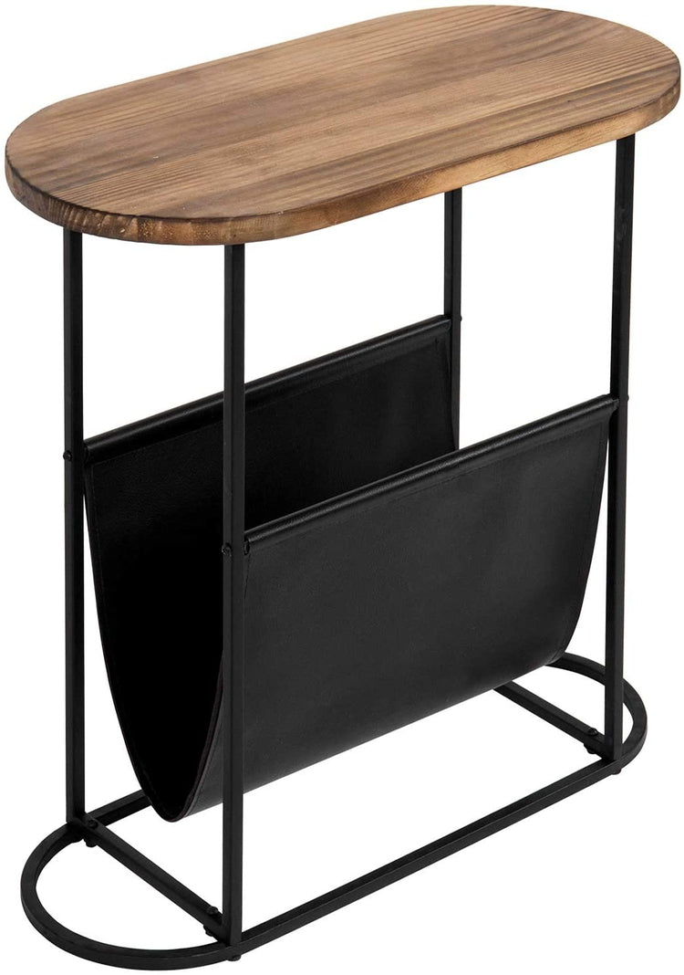 Oval-Shaped Burnt Wood and Black Metal Accent End Table with Magazine Sling Holder-MyGift