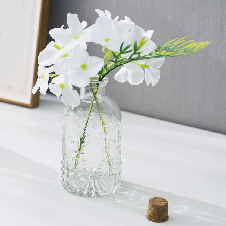 Set of 6, Vintage Embossed Fleur De Lis Glass Bottles with Cork Lid, Apothecary Clear Flower Vases-MyGift