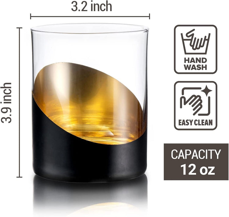 Set of 4, 12 oz Matte Black and Gold Designer Cocktail Glasses, Double Old Fashioned Lowball Whiskey Drinking Glass-MyGift